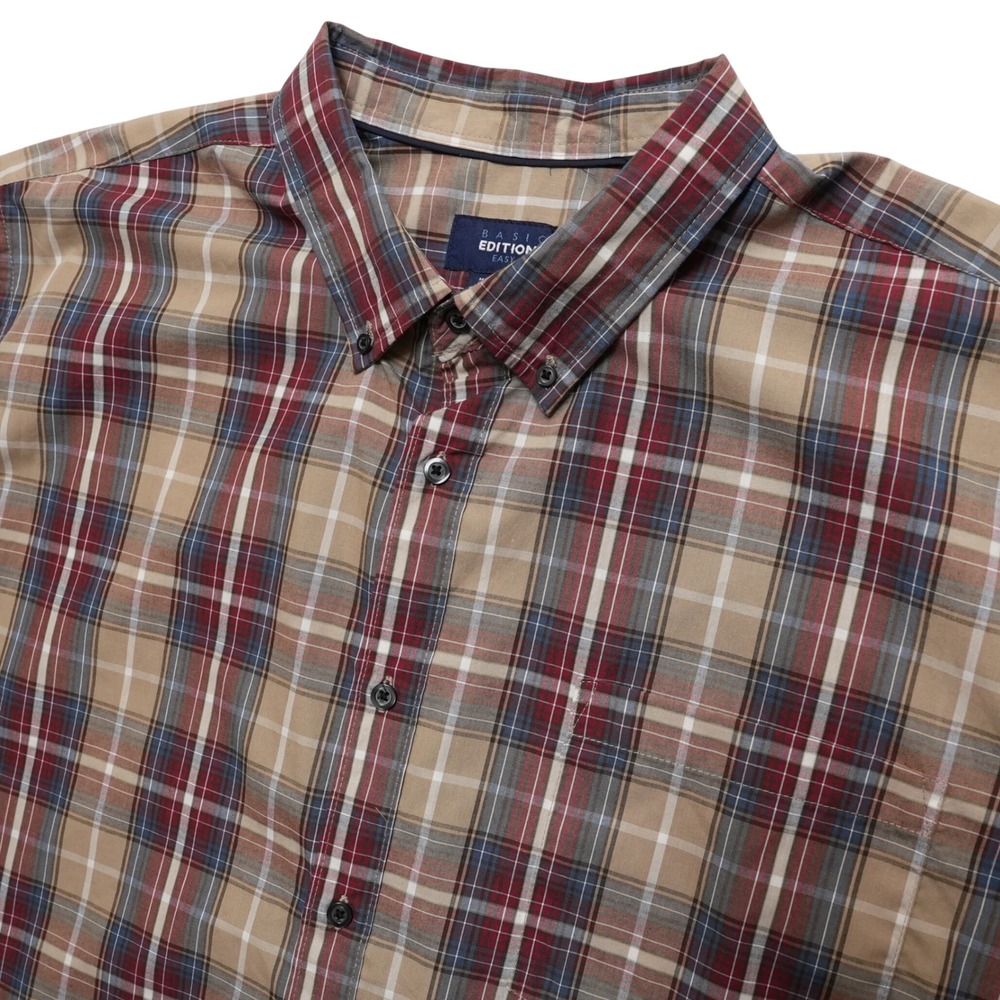 Basic Editions Plaid Shirt Mens 3XL Big Tall Brown Easy Care Button Down